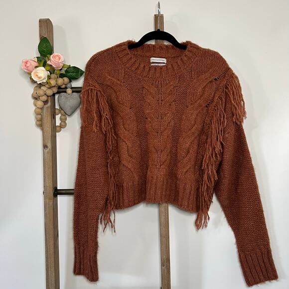 Urban Outfitters Shimmer Fringe Cable Knit Long Sleeve Brown Sweater Size Small - Picture 1 of 7